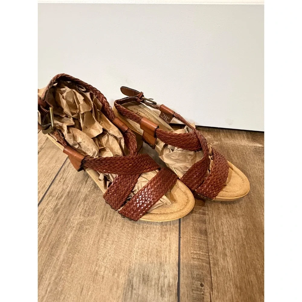 GH Bass Sadie Woven Leather Wood Platform Sandals Brown boho strap's braided